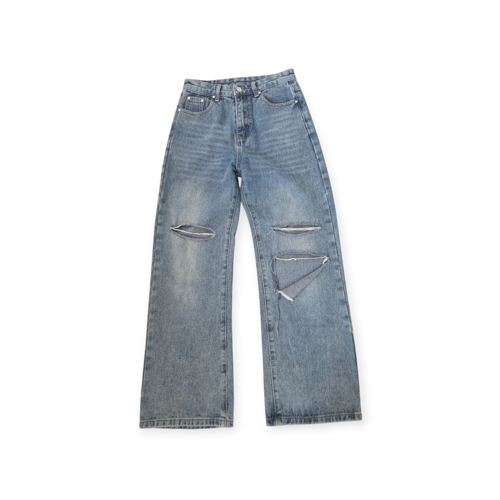 High-Waist Distressed Wide-Leg Jeans - Light Blue Wash